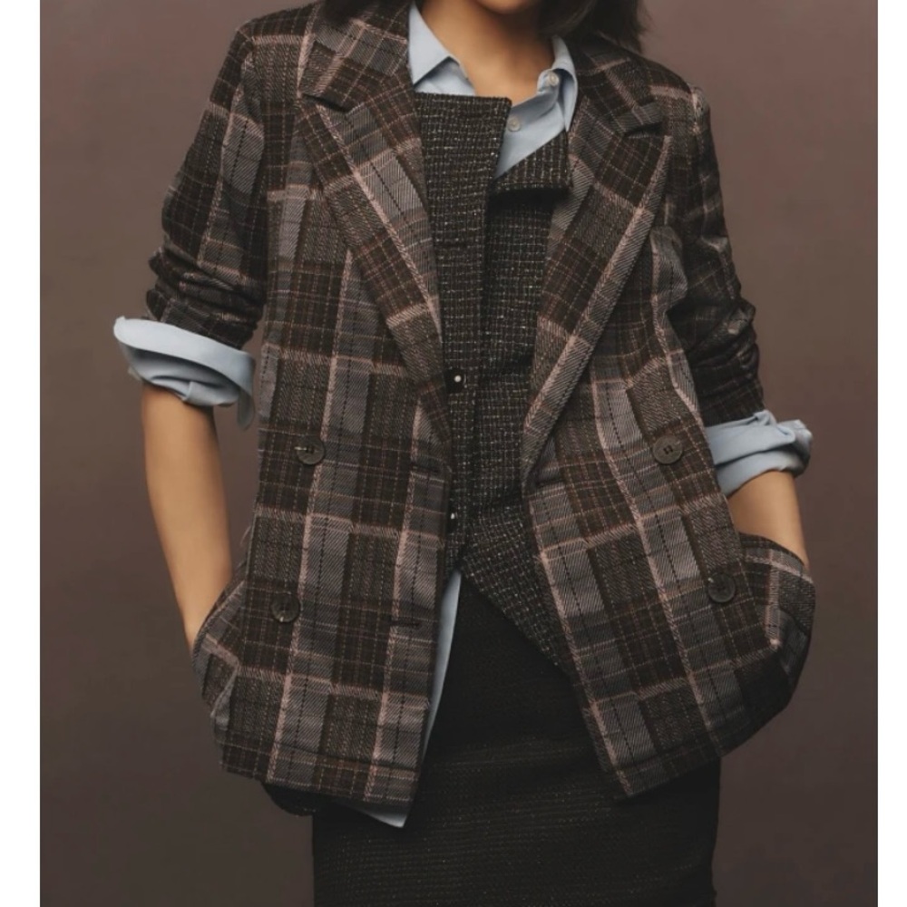 Anthropologie Plaid Women's Jacket - Navy and Gray